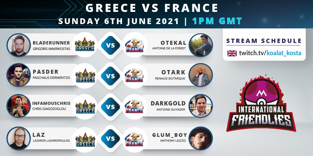 Apologies for the long wait, but the stream schedule for Greece 🇬🇷 VS 🇫🇷 France is finally here!! Will the Medi Cup Champions reign be stopped??

🎬 t.ly/nnIR
🗓️5th/6th June 2021
⏲️Sat 2pm GMT / Sun 1pm GMT
🎮VGC S9
🎙️@KoalaT_Kosta, <a href="/Dannoukos/">Danny</a>, <a href="/kc_vgc/">KC</a> &amp;  <a href="/PasDerVGC/">Paschalis Dermentzis</a>
