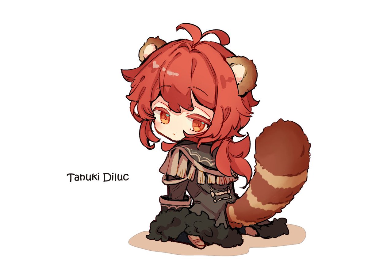 diluc (genshin impact) 1boy male focus animal ears red hair tail red eyes chibi  illustration images