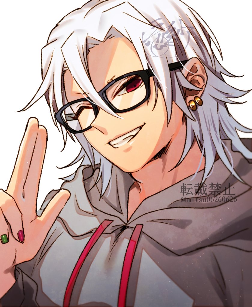 1boy male focus solo red eyes hood glasses one eye closed  illustration images