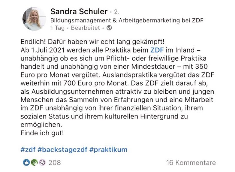 Weil beim <a href="/ZDF/">ZDF</a> grad gefeiert wird, dass sie Praktikant:innen jetzt 350€ zahlen: Journalismus geht nicht ohne Praktika. Und Leben in Mainz, München, Hamburg geht nicht ohne Geld. Das Ergebnis: Elitärer Bubble-Journalismus oder verschuldete Berufseinsteiger:innen. #klassismus
