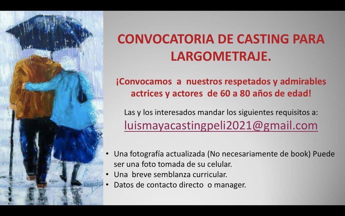 CONVOCATORIA DE CASTING PARA LARGOMETRAJE.

¡¡¡¡Convocamos  a  nuestros respetados y admirables actrices y actores  de 60 a 80 años de edad!!!  

Las y los interesados mandar foto, cv y contacto directo o de manager a luismayacastingpeli2021@gmail.com  

Gracias 🙏🏻