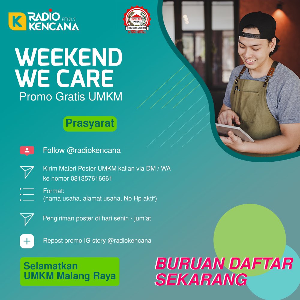 #WEEKENDWECARE

Mitra Kencana buat kalian para UMKM, kami masih punya nih promo spesial Weekend We Care buat kalian. 
Promo ini GRATIS Mitra Kencana. Yuk, manfaatin buat promoin UMKM kalian. Kalian cukup melengkapi prasyarat di poster kita saja. 

#umkmmalang 
#radiokencanamalang