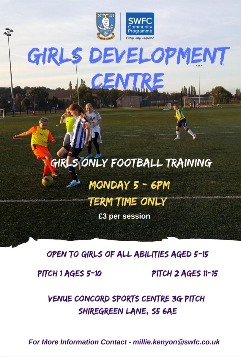 SWFCCP's tweet image. #DevTraining | The girls-only football development sessions are available to book! 

📍: Concord 3G Pitches
📆: Mondays 
🕓: 5-6pm
💷: £3 per session
✉️: millie.kenyon@swfc.co.uk
