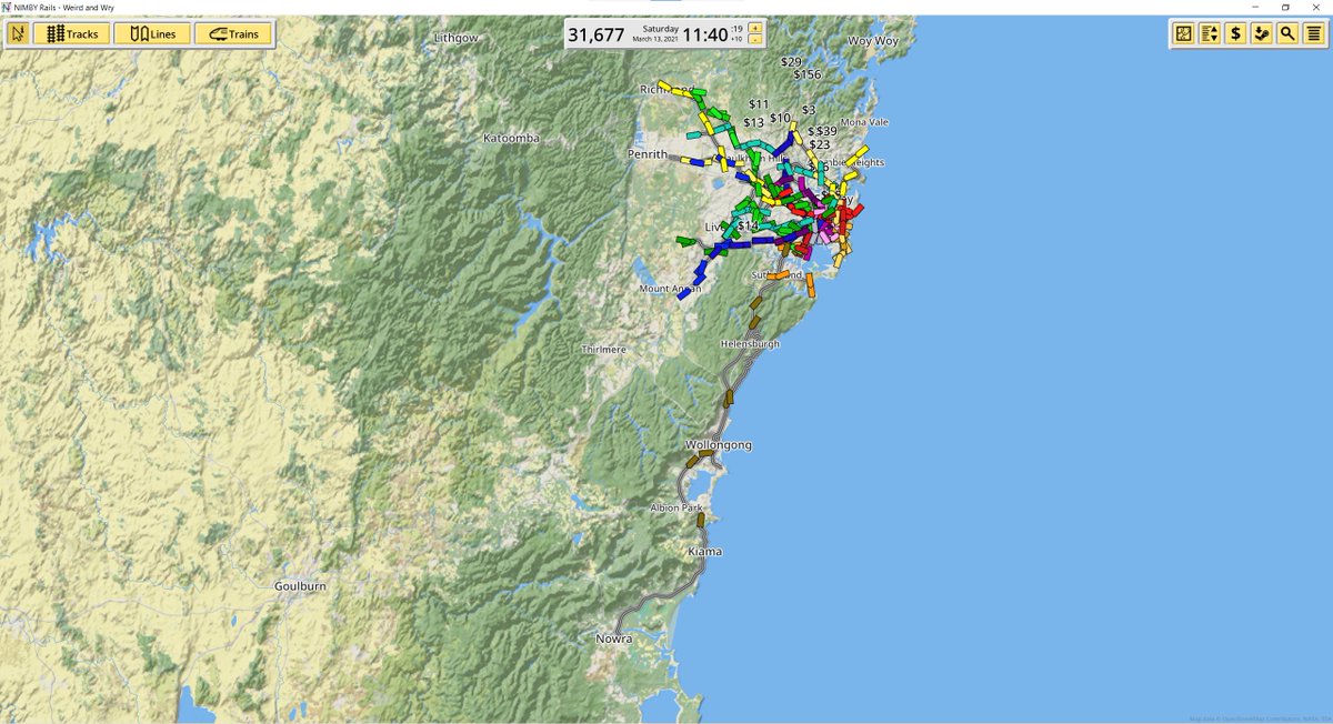 SydneyWorks's tweet photo. #Syber update Saturday, 5 June 2021. Have reached Nowra (bridge from Bomaderry over the river to Nowra town centre). The Illawarra sub-network of Syber terminates there. I've also extended the CC1 line to Macarthur, and have starting sketching out the new #Wilton #CityCentre. https://t.co/QfWEecppQ5