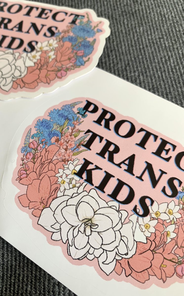 EveningBotany's tweet photo. Just got my 1st RedBubble stickers &amp; was really unhappy with the quality on this one - turns out I uploaded the low-res version of this file 😬

If you bought a Protect Trans Kids sticker through my shop, please DM me and I can mail you a better version (see pic 2) for free! https://t.co/easCalfVsF