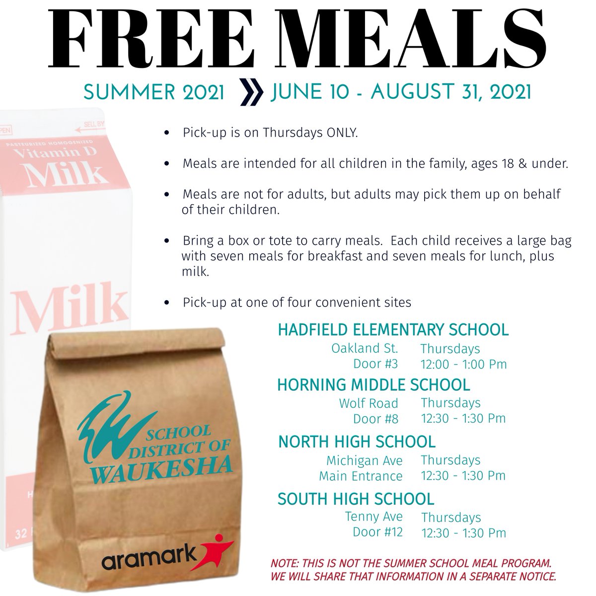 waukeshaschools's tweet photo. Free Breakfast and Lunch for all children in the Waukesha community will be available from June 10 - August 31, 2021. https://t.co/wkEOG9FMSS