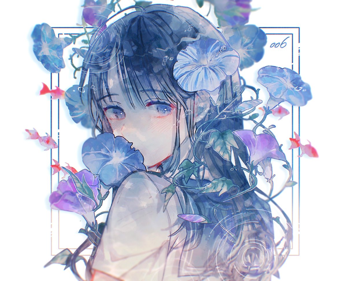 1girl solo flower blue flower looking at viewer long hair hair flower  illustration images