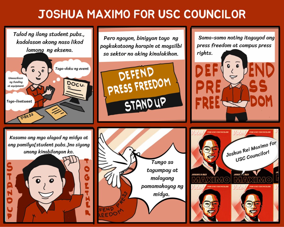 STANDwithJOSHM's tweet photo. ✊TUMINDIG PARA SA CAMPUS PRESS!✊

Basahin ang komiks na iginuhit ni Aivy Sto. Domingo ukol sa paglalakbay ng ating Mass Media Councilor na si Joshua Maximo mula sa hanay ng campus press, tungo sa pagbitbit ng kanilang kampanya ngayong Student Council Elections. https://t.co/R8SPfrXI6L