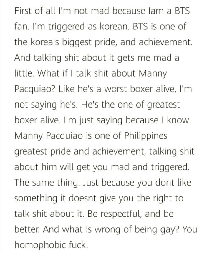 agustfIwr's tweet photo. the way "875 bi0t" has reached south koreans, this is so embarrassing. i still cant understand how filos think calling someone gay is an insult. fcking homophobes. he just explained the hypocrisy toxic filos have. yall would literally do the same thing if it's the other way round https://t.co/UMs59ibEuU