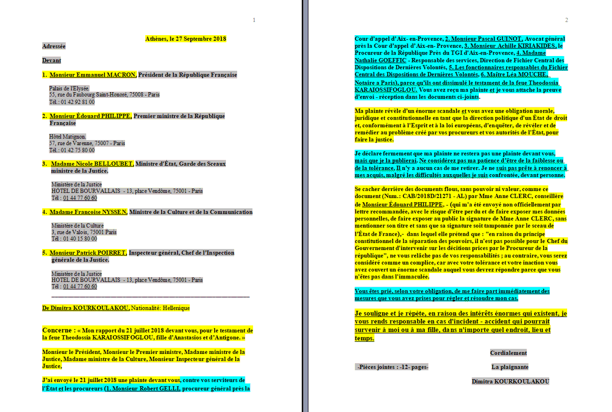 dkourkoulakou's tweet photo. 1/15
Rapport de D.KΟURKOULAKOU contre les:
-.@EmmanuelMacron #Macron
PDR/SCP/BCP/BR/B087460
-#EdouardPhilippe
CAB/2018D/21271-AL
-N. #Belloubet e.a.
PP/MBM/2018/00193
qui cachents scandaleusement le testament de feue Theodossia KARAIOSSIFOGLOU-connue sur le nom Dorette Andreadis. https://t.co/UqKeFAZ2CZ