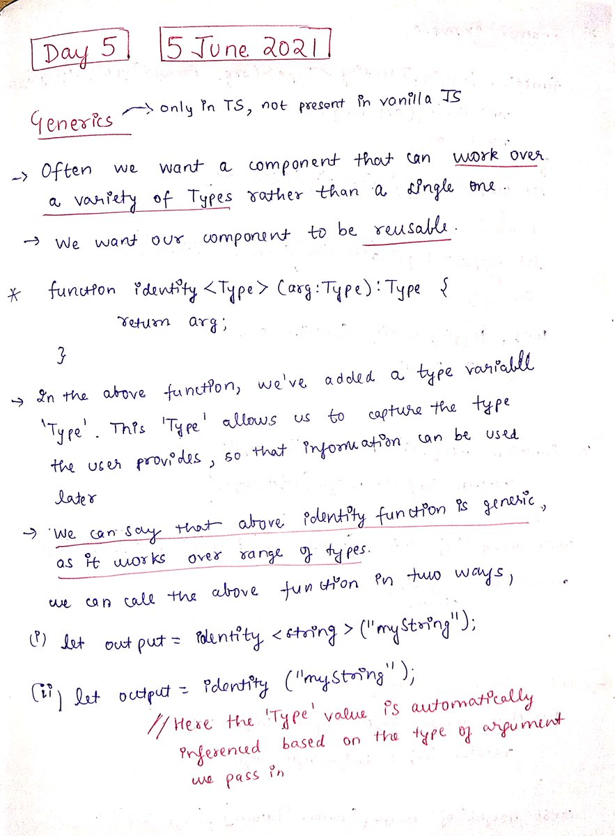 thesavvycoder's tweet image. Finished with #Day5 of #30DaysOfTypeScript Challenge
Learned about Generics, Generics Classes, Generic constraints, and more.  
Handwritten notes can be found in the repo below.
Follow the repo : 👇👇
github.com/tarunsinghdev/…
#TypeScript #30daysofcode
Today's Notes : 👇👇