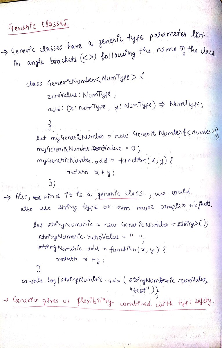 thesavvycoder's tweet image. Finished with #Day5 of #30DaysOfTypeScript Challenge
Learned about Generics, Generics Classes, Generic constraints, and more.  
Handwritten notes can be found in the repo below.
Follow the repo : 👇👇
github.com/tarunsinghdev/…
#TypeScript #30daysofcode
Today's Notes : 👇👇