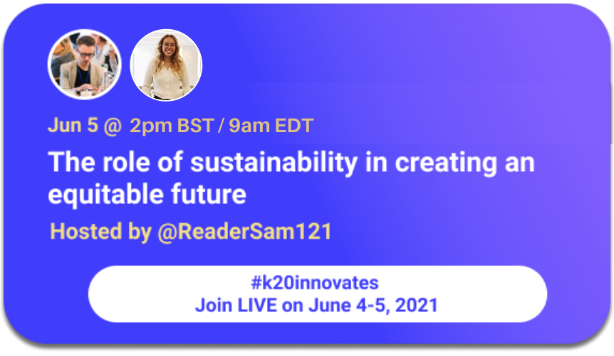 Join me and @Gracemanningy as part of the awesome #k20innovates @TwitterSpaces conference for educators - we're going to be talking about the role sustainable education has in creating a fairer world 🌱9am EDT for everyone waking up in the US! 🌅 #sustainability