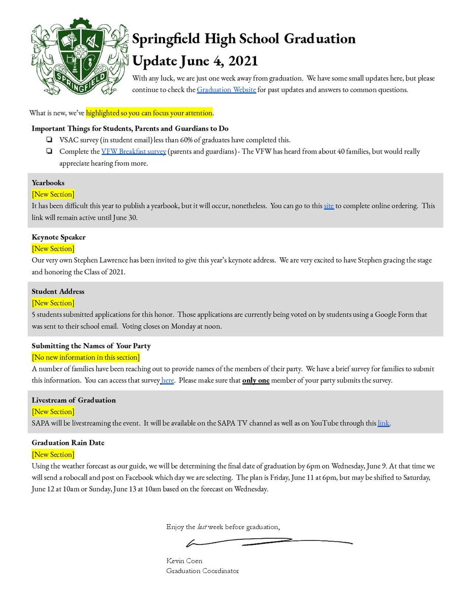 SpringfieldHSvt's tweet photo. We are just one week away from graduation.  Here are some small updates. https://t.co/Qv7q4i1uS6