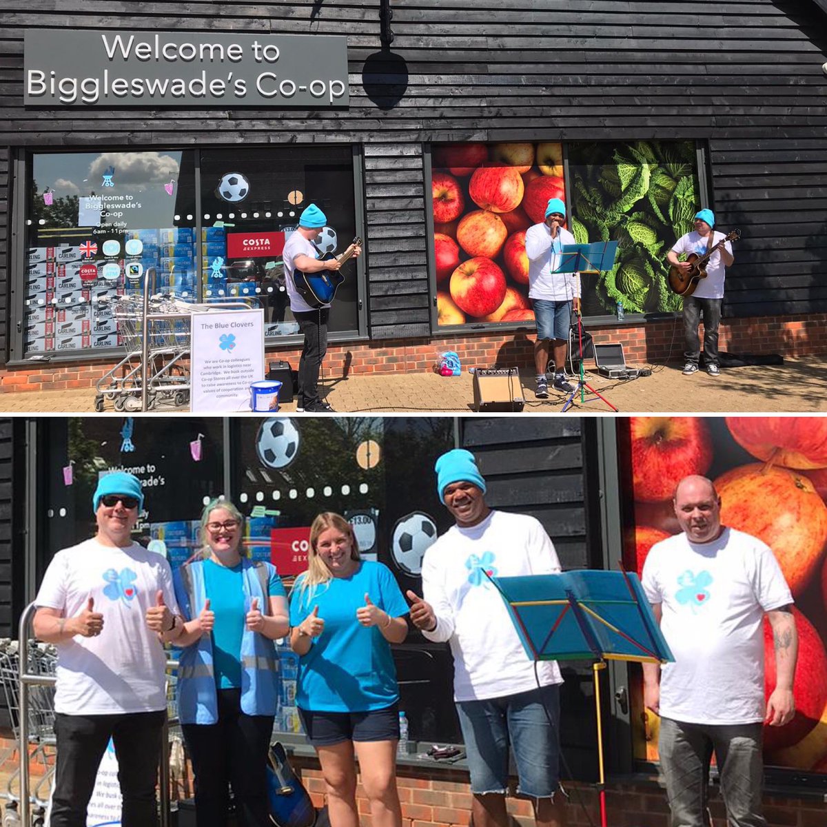 TheBlueClovers's tweet photo. Many thanks to Co-op Biggleswade Store and @JewlzMulholland for allowing us to play today 💙❤️ Watch this space for more of the Summer Stores Tour! @coopuk #ITSWHATWEDO #theblueclovers @malcolmfovargue https://t.co/g0mzumgqov