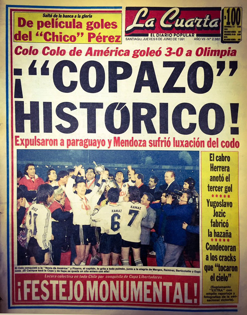 vidaenportadas's tweet image. ⚫️⚪️⚫️🇨🇱🏆 1991 Junio 5 - Un día como hoy, hace 30 años: 

¡#ColoColo Campeón de la Copa Libertadores de América!

✅ Único equipo chile en ganar la Copa Libertadores.