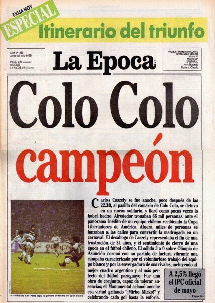vidaenportadas's tweet image. ⚫️⚪️⚫️🇨🇱🏆 1991 Junio 5 - Un día como hoy, hace 30 años: 

¡#ColoColo Campeón de la Copa Libertadores de América!

✅ Único equipo chile en ganar la Copa Libertadores.