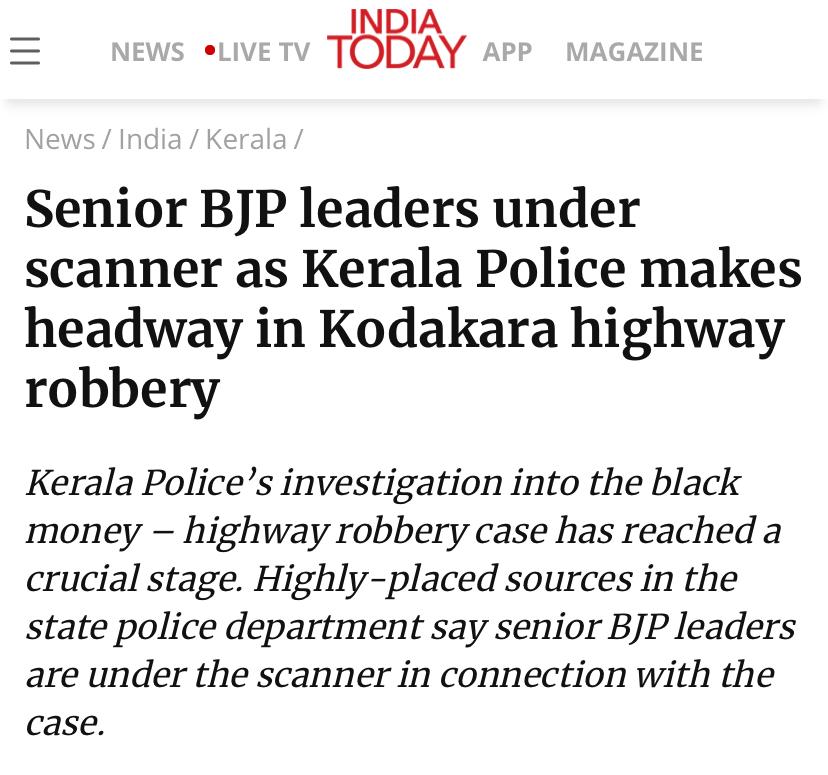 The ED should conduct a probe into the hawala money brought to the state for BJP. It’s a matter of serious concern that crores of this black money was spent at Kodakara in Thrissur during campaigning. ED must awake from selective amnesia.
 #ArrestRssBjpLeaders