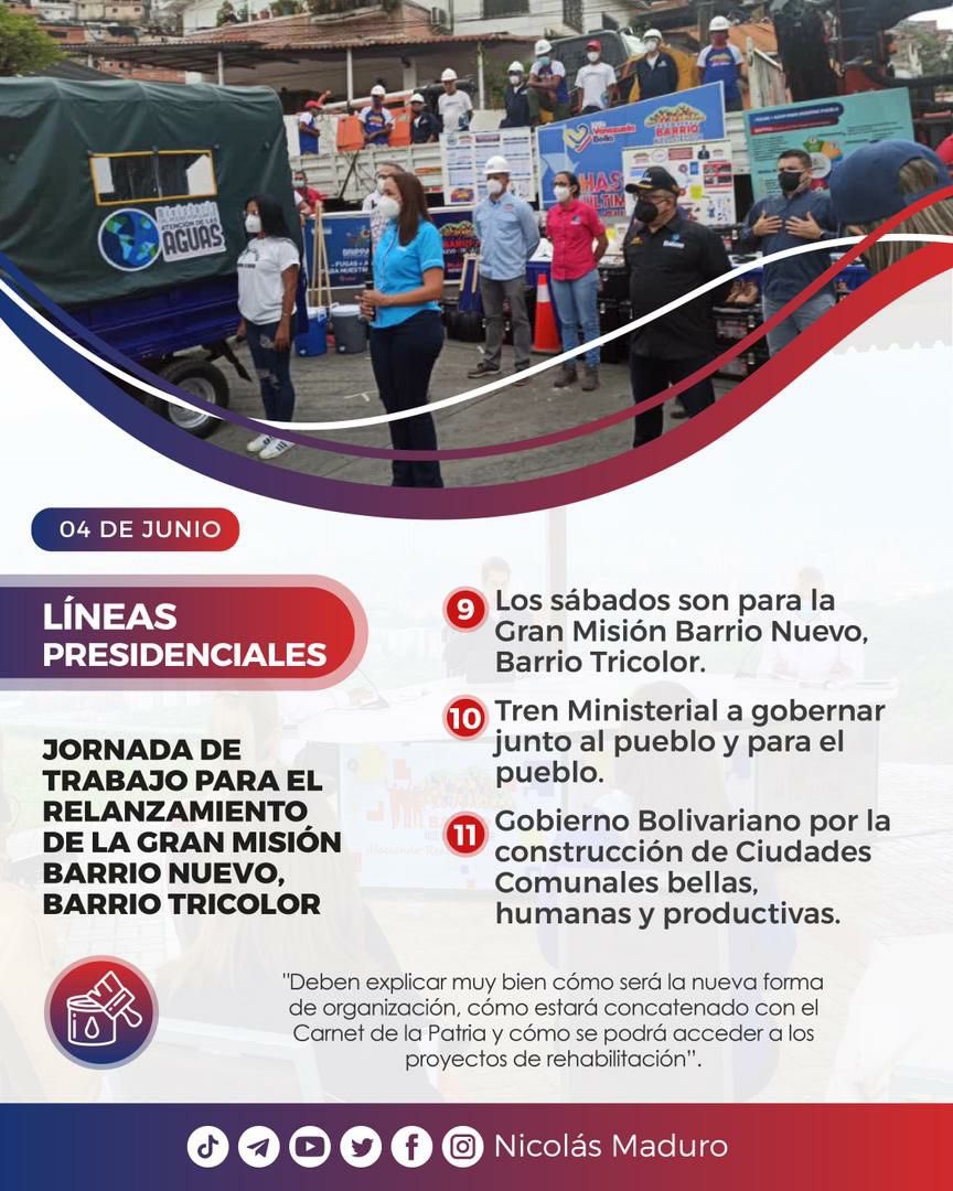 CarnetDLaPatria's tweet photo. #ATENCIÓN Comuneros y Comuneras, el Pdte. @NicolasMaduro relanzó la Gran Misión Barrio Nuevo, Barrio Tricolor.

Por ello, desde el #SistemaPatria te compartimos las #LíneasPresidenciales de esta gran labor por los barrios y las comunidades.

#5Jun #RumboACarabobo

 #FelizSábado https://t.co/O3QmZQimNo