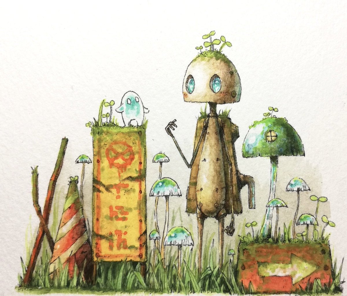 no humans grass mushroom traditional media watercolor (medium) painting (medium) blue eyes  illustration images