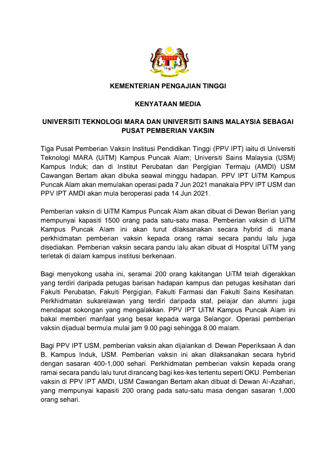Kementerian Pengajian Tinggi On Twitter Kenyataan Media Universiti Teknologi Mara Uitm Dan Universiti Sains Malaysia Usm Sebagai Pusat Pemberian Vaksin