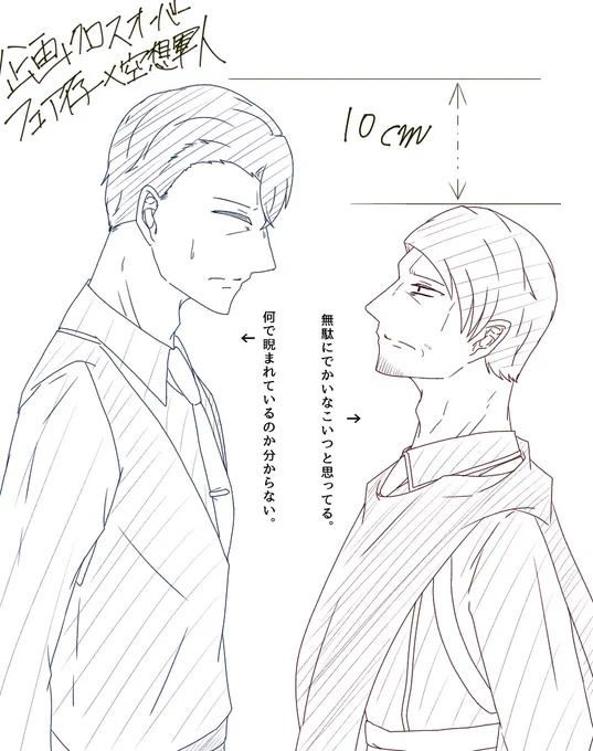 企画クロスするんでタグとかはつけないんですけどね、最近出した野郎達で身長差考えたら本当にリュートって小さいなって落書き。……朝緋の方がでかいの、じわじわ笑う。
45歳病弱裁判官175cmと推定40歳前後戦闘狂軍人165cm。

# 空想軍人_アトリエ
# フェア存_フォトレター 