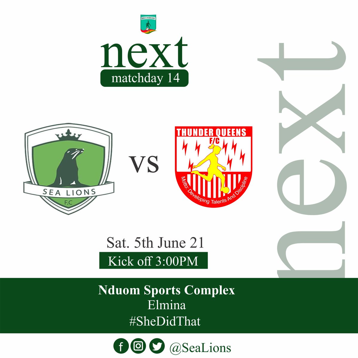 MATCH DAY

We welcome <a href="/thunderqueensfc/">THUNDERQUEENSFC</a> to Elmina

#TeamLions 
#WPLwk14 
#shedidthat