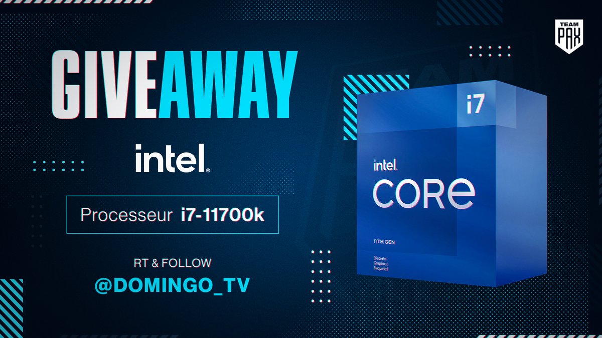 DomingoTV (@domingotv) on Twitter photo La Team PAX est accompagnée ce week-end par <a href="/IntelFrance/">Intel France</a> qui en profite pour vous faire gagner un nouveau processeur : un I7 11700K !
Pour participer, RT ce tweet follow @Domingo_TV, tirage au sort lundi 7/06, gl à tous ! La Team PAX est accompagnée ce week-end par <a href="/IntelFrance/">Intel France</a> qui en profite pour vous faire gagner un nouveau processeur : un I7 11700K !
Pour participer, RT ce tweet follow @Domingo_TV, tirage au sort lundi 7/06, gl à tous !