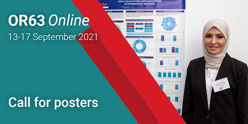 OR65Bath's tweet photo. The deadline to submit a poster on the theme of "creating a better future" for #OR63 is 11 June.

Don't miss your chance to present a poster at @TheORSociety's annual conference.

Submit here: https://t.co/c3efYICbUq

#ThisIsOR #ORMS https://t.co/EEbwuh6I21
