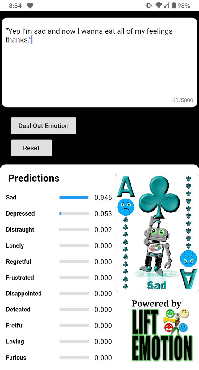 AFFECTxAI's tweet image. A natural language processing app predicts the expressed emotion in the quote.

#NLP #NLProc #App #Startup #ML #UX #EQ #EmotionAI  #Deeplearning #IoT #Machinelearning #Sentiment  #Neuroscience #Data #Tech