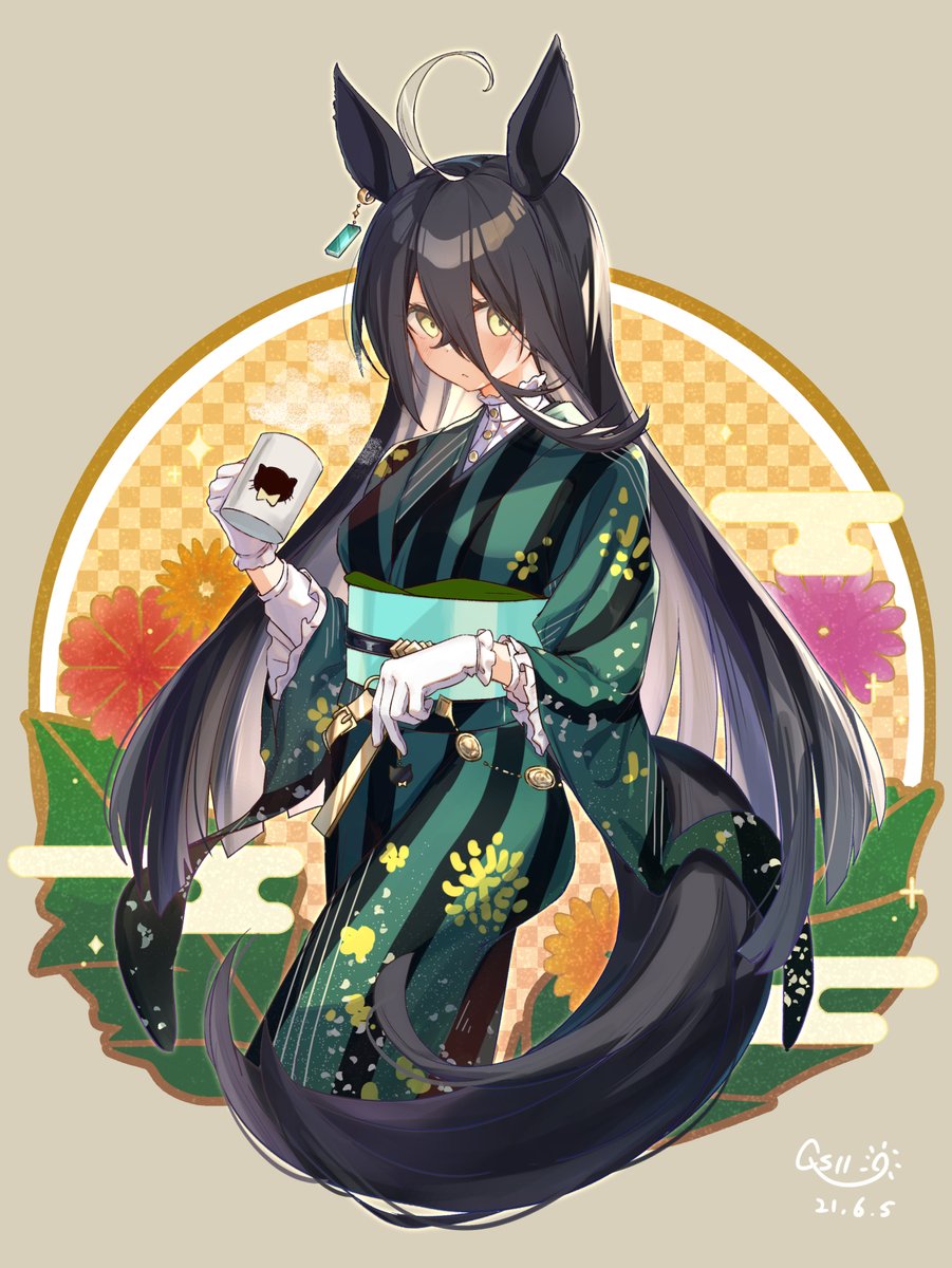 manhattan cafe (umamusume) 1girl animal ears long hair solo horse ears japanese clothes gloves  illustration images