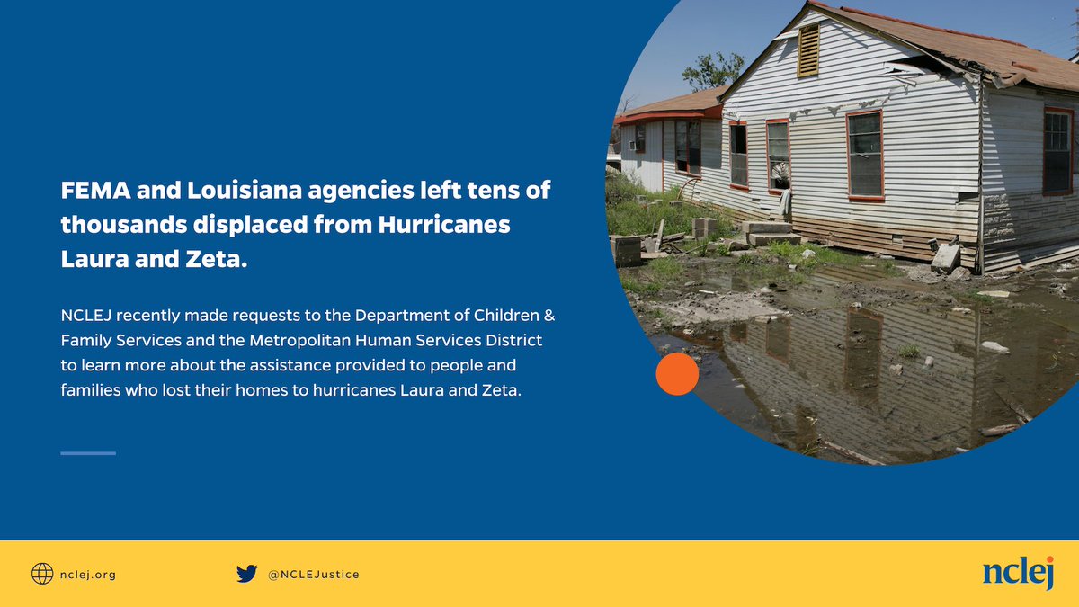 Image of a single story home flooded. Text says: FEMA and Lousisiana agencies left tens of thousands displaced from Hurricanes Laura and Zeta.