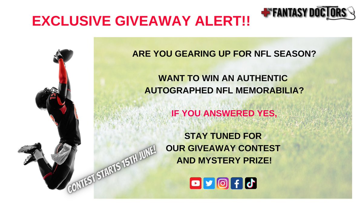 TheFantasyDRS's tweet photo. Calling all #NFL Fans! The Fantasy Doctors is giving away an Autographed NFL Memorabilia! Contest starts 15 June! Follow us for details on our mystery #prize and how to enter the #contest!
#thefantasydoctors #fandocs #ffdocs #sport #giveaway #win #football #nfldraft #nfldraft2021 https://t.co/riZg9TQSzS