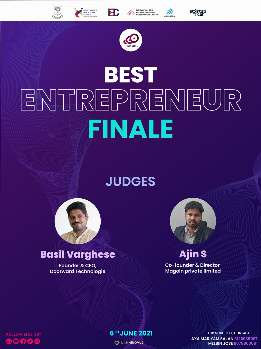 iedccet's tweet photo. IEDC CET is very excited to announce the Judging panel of ENovus Best Entrepreneur Finale. After a fiercely tight prelims competition, 6 finalists now stand. https://t.co/HhMady1K7g