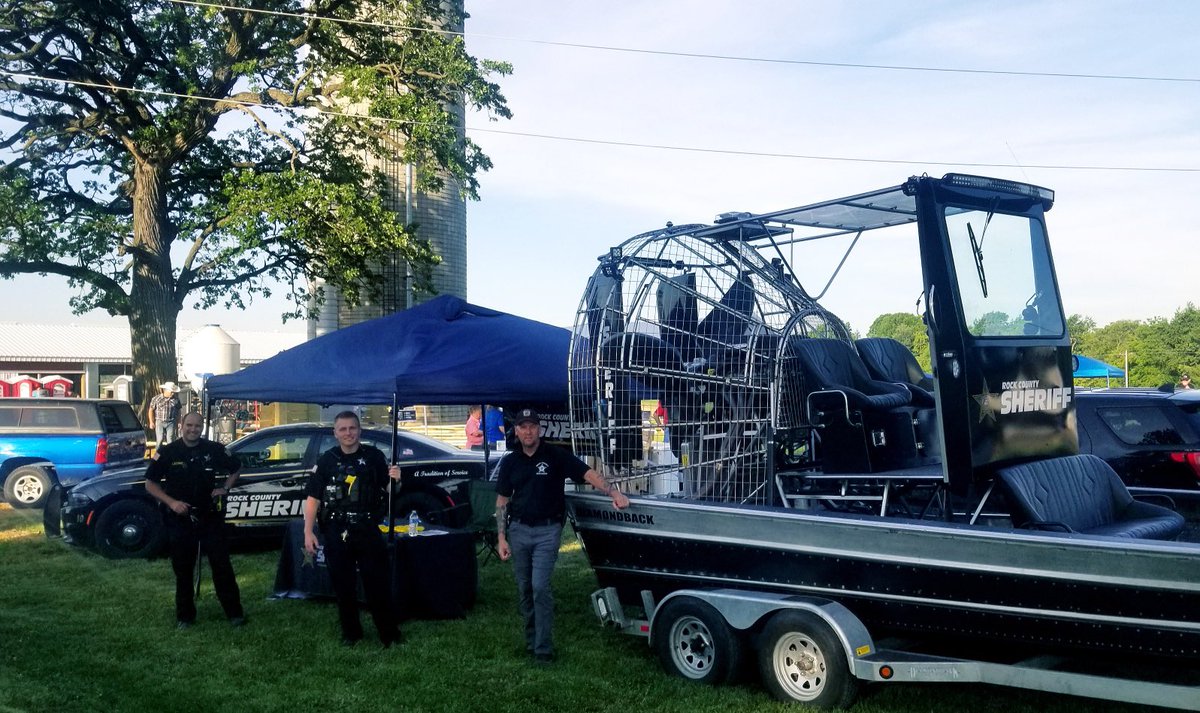 RockSheriffWI's tweet image. Deputies Lochner, Diaz, and Berberich are all set up at the Rock County Dairy Breakfast. Bring the family to the McNally Family Farm for pancakes and stop by our station. #dairybreakfast #deputies #airboat