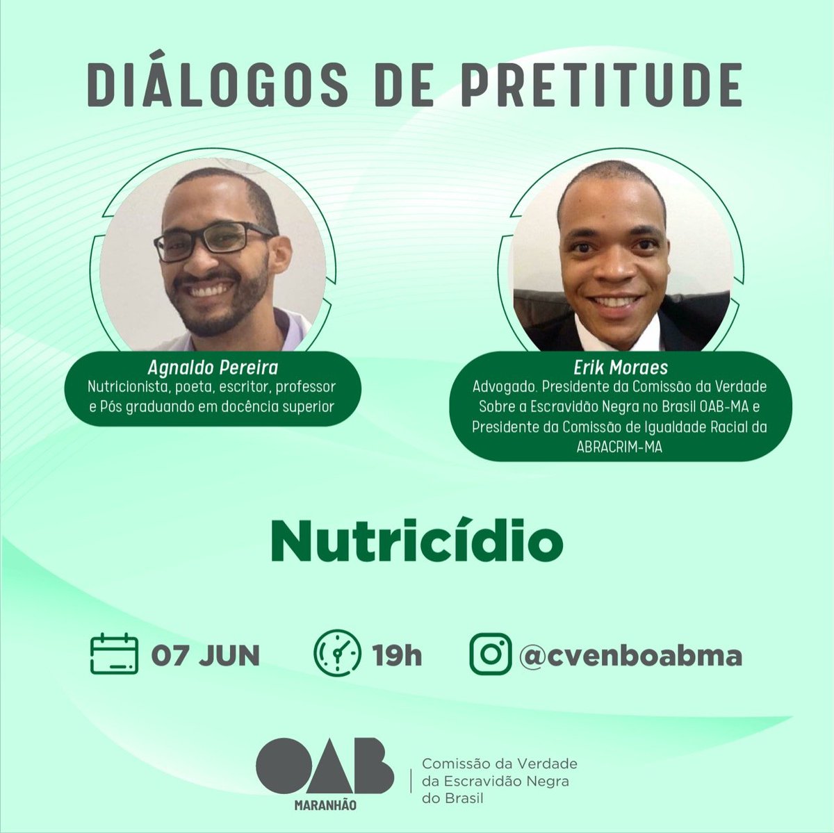 cvenboabma's tweet photo. Já ouviu falar sobre Nutricídio??? Não?? Então já salva aí, segunda-feira às 19h a gente conversa mais sobre o assunto no “Diálogos da Pretitude”. O nosso convidado pra esse bate-papo é o nutricionista e escritor @agnaldopereira_.

gra https://t.co/nza5kOUETZ
