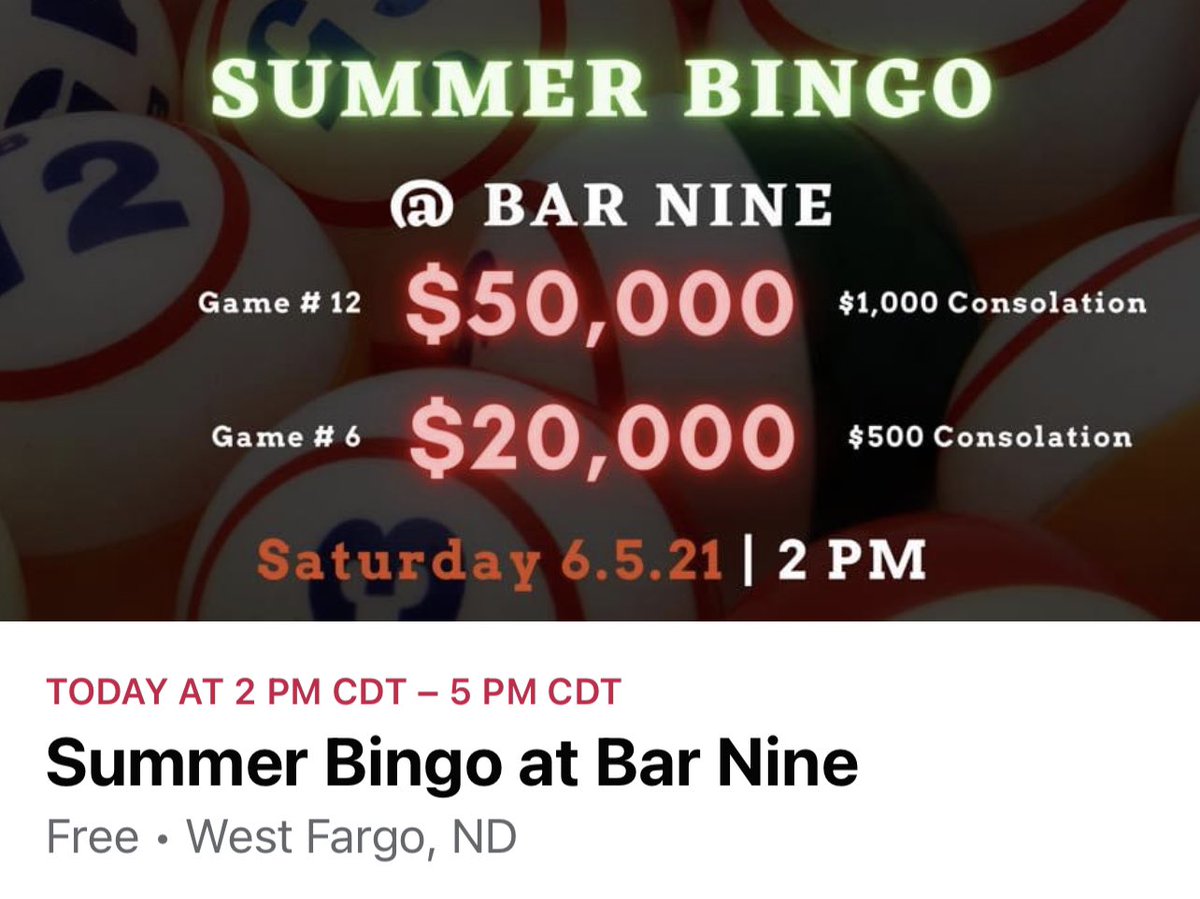 Check this out. $1,000 and $500 guaranteed and a chance to win $50,000 and $20,000 among other prizes of ca$h, designer purses and Scheels gift cards. Summer Bingo starts at 2:00 pm today <a href="/bar9wf/">BAR NINE</a>. Come early to get a table &amp; have a Bloody Mary and lunch with us. Doors open at 11.