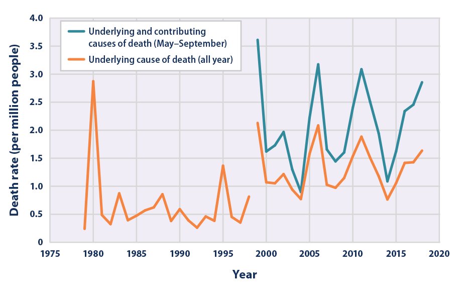 HongbinYang5's tweet photo. #MyAdvocacyProject Resisting high temperatures may threaten people’s health, and it may even cause death, such as heat exhaustion and heatstroke. The graph shows the death classified as “Heat-Related” in the United States from 1979 to 2018. #UHI https://t.co/w5q3tUSFQO