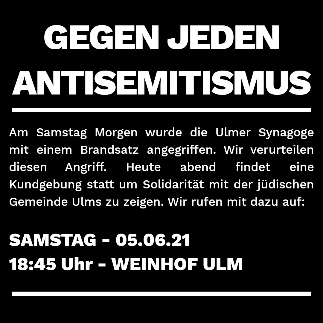 Kollektiv_26's tweet photo. Wegen des Brandanschlags auf die Synagoge in #Ulm heute morgen rufen wir mit auf zu einer Solidaritäts Kundgebung heute Abend. Wir sind froh daß nichts schlimmeres passiert ist! https://t.co/CW65S2DgTa