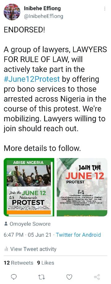 #Buharimustgo #June12protest We appreciate those who’ve reached out asking to provide food &amp; water to protesters in Lagos &amp; Abuja. <a href="/InibeheEffiong/">Inibehe Effiong</a> has indicated that  lawyers are on standby to provide legal services. I saw somewhere that some others will provide medical services!