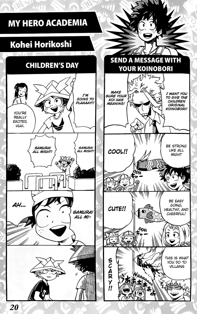 Extra celebrating Children's day that you could only get if you won a special Jump booklet with more comics. (April 24, 2017) 

[The koinobori story was recently added to vol 28 along with the PS Vita story, the baby Bakugo&Deku not yet.] 