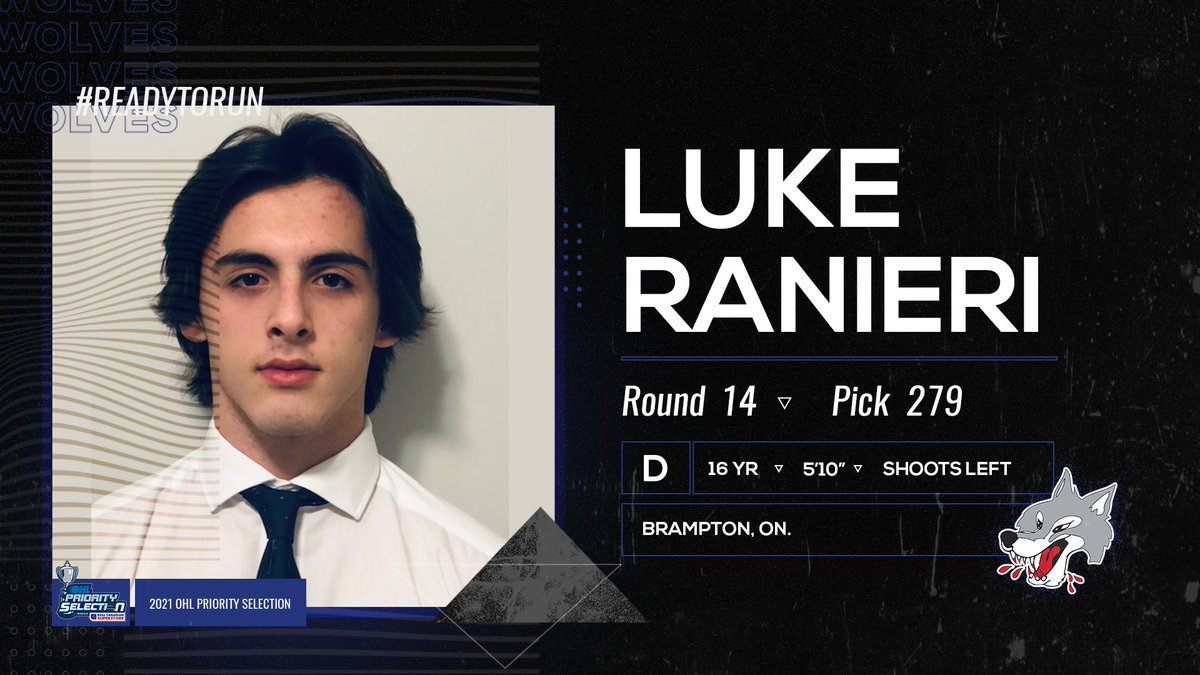 Sudbury_Wolves's tweet photo. The Wolves 🐺 are proud to select Defenceman, Luke Ranieri from @MarkhamIslande1 with the 279th pick in the 2021 #OHLDraft presented by @RealCdnSS  
Welcome to the Pack Luke! Get #Readytorun🐾  

👉 https://t.co/CyFkWRUnMY  
#WhoIsNext https://t.co/DtykaQfgNv