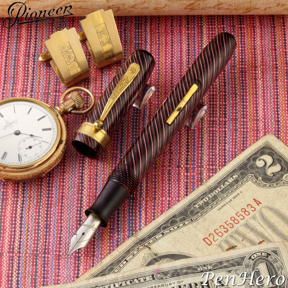 PenHero's tweet photo. Wearever Pioneer lever fill pen in a burgundy, black and beige striped celluloid wrapped in a spiral pattern c. late 1930s
#pencollecting #fountainpen #wearever #pioneer #davidkahn #celluloid #penhero https://t.co/0U0cdTTv9w
