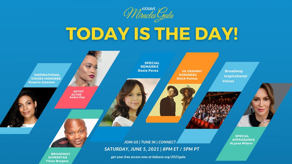 TODAY IS THE DAY! Join us tonight at our virtual Miracles Gala, 8 pm ET/ 5 pm PT. You can still reserve your free tickets!⁠
We will have celebrity guests, share inspirational Kidsave stories, live charity auction, and more. Can't wait to see you tonight! kidsave.org/2021gala/