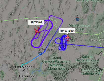 ameliairheart's tweet photo. USAF E-3C AWACS and a B-52H along the Utah border; B-52 is over St George, UT, from Barksdale AFB, LA. E-3 is from Nellis AFB, NV. #ADSB #AE11EC #AE588E https://t.co/rPt78Pm83O