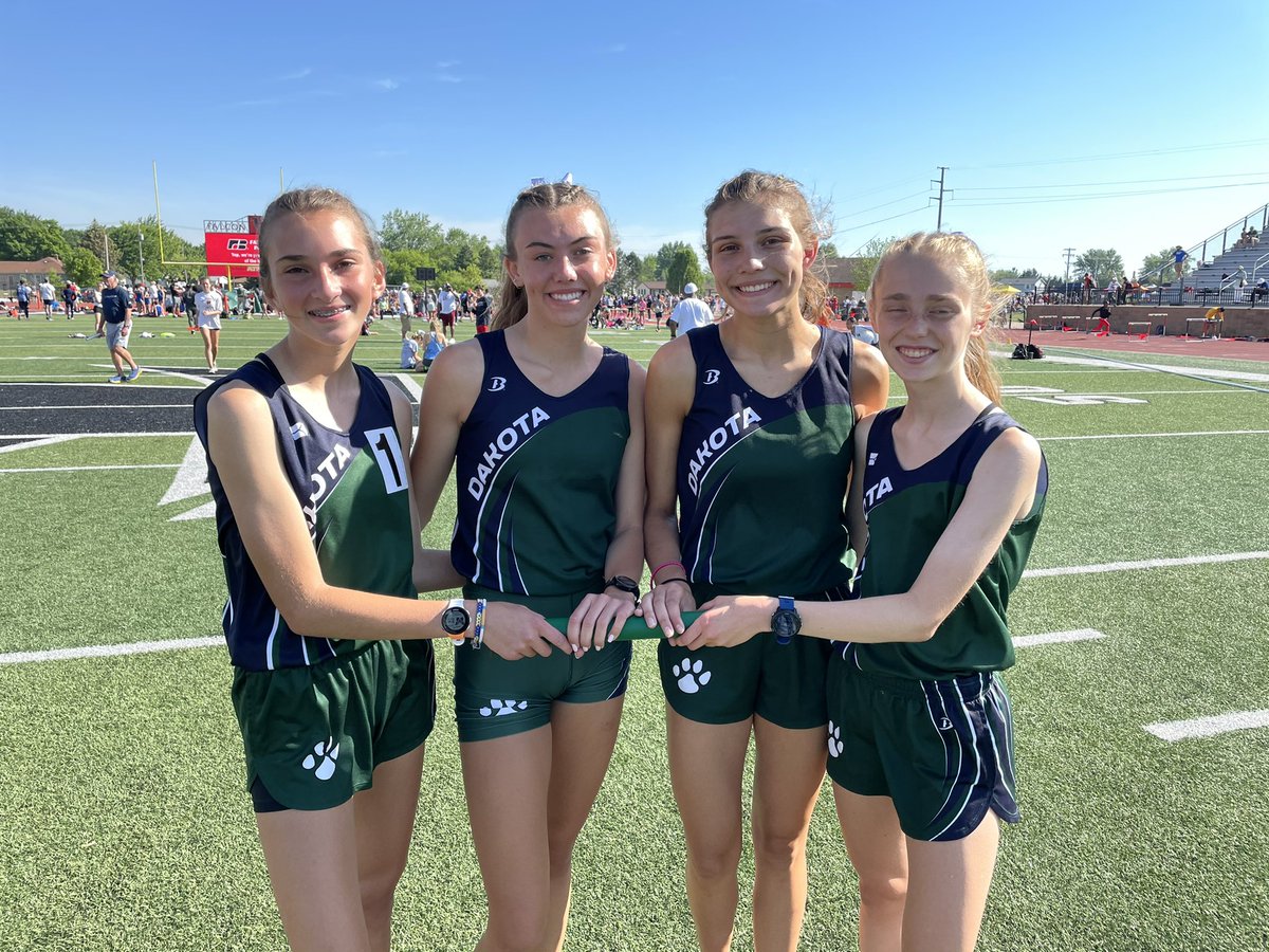 DHSTrackField's tweet photo. Girls 3200m Relay Team earns All-State honors finishing in 7th place. @Dakota_Cougars https://t.co/3vfPP18pH9