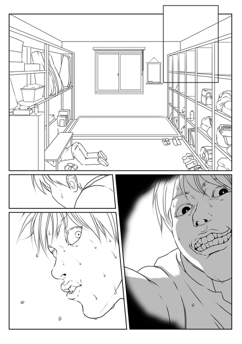 新作進捗(P16~19文字なし)
盗撮カメラの位置を直しに来たカスダクズロウ君、
突然帰ってきたキャプテンと取り巻き、
外を通る野球部(通称クソクズ3/スリー)初登場シーン。 