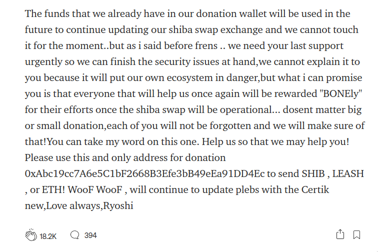 ShibInformer's tweet photo. This fake site appeared minutes ago, and it tries to emulate Ryoshi's blog. 
This part is where the scammer asks for donations to release SHIBASWAP. That is not needed for the Swap to release. Just finishing the audits (that are paid for already)

SCAMMERS WILL FEAR THE SHIBARMY. https://t.co/oOxf481ItV