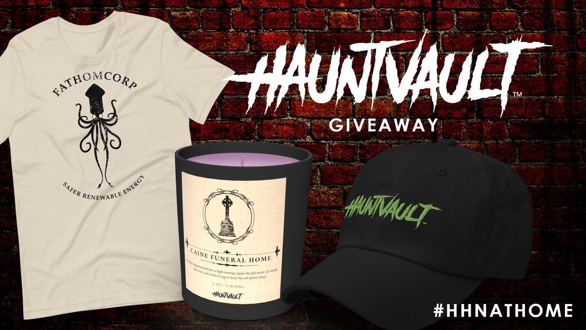 hauntvault's tweet photo. And now for our #HHNatHOME giveaway! Grand prize pack includes a Fathomcorp Tee, HauntVault Dad Hat, Caine Funeral Home Candle, and a one-of-a-kind Unfathomable Horror Skull by @DeviouslyDoomed! RT to enter, contest ends @ 11pm EDT. Visit https://t.co/bViohaVUCH for more prizes https://t.co/XZ15ML132U