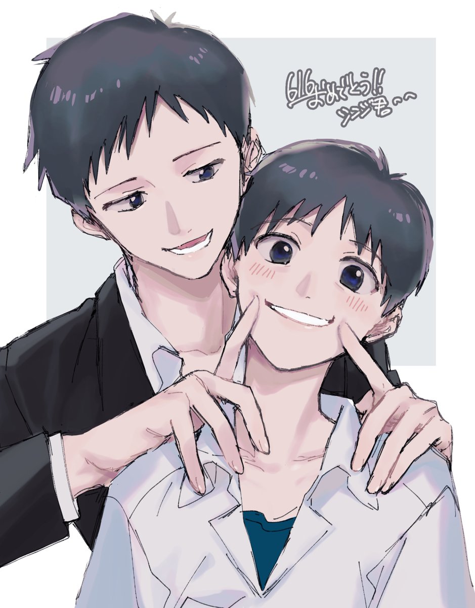ikari shinji 2boys multiple boys male focus smile shirt black hair collared shirt  illustration images